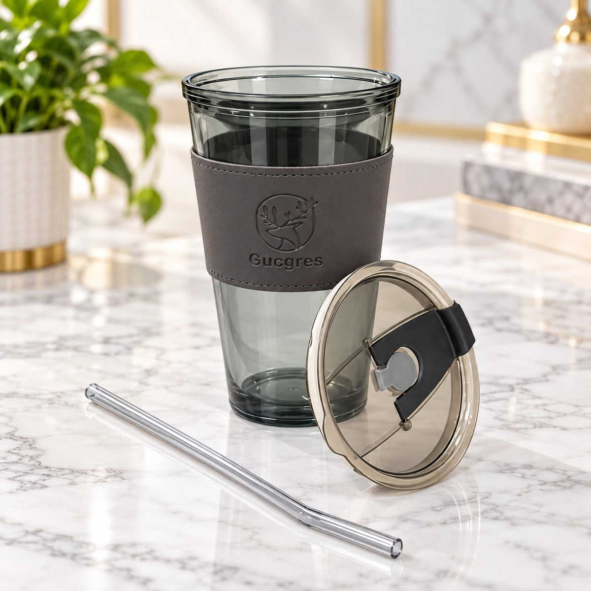 Smoky Black Sipper Tumbler with Lid, Reusable Straw & Protective Sleeve – Stylish Travel Drink Cup