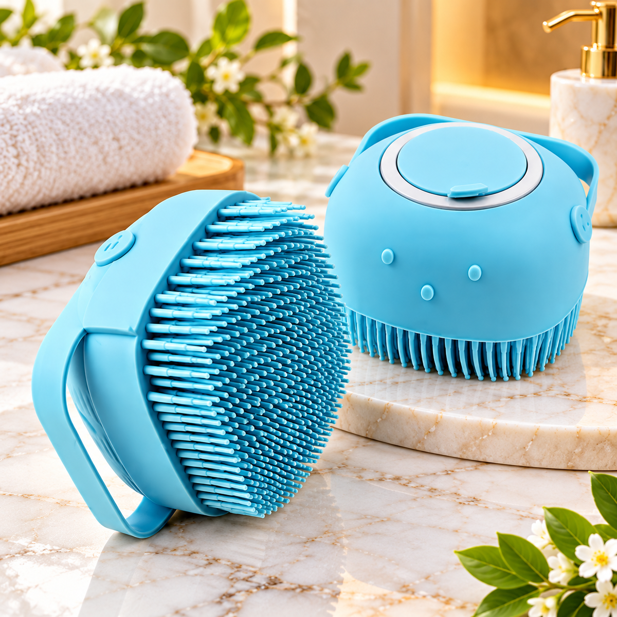 Premium Silicone Body Scrubber with Adjustable Hand Strap – 1 Pc | Soft Bristle Bath & Shower Massage Brush | Blue