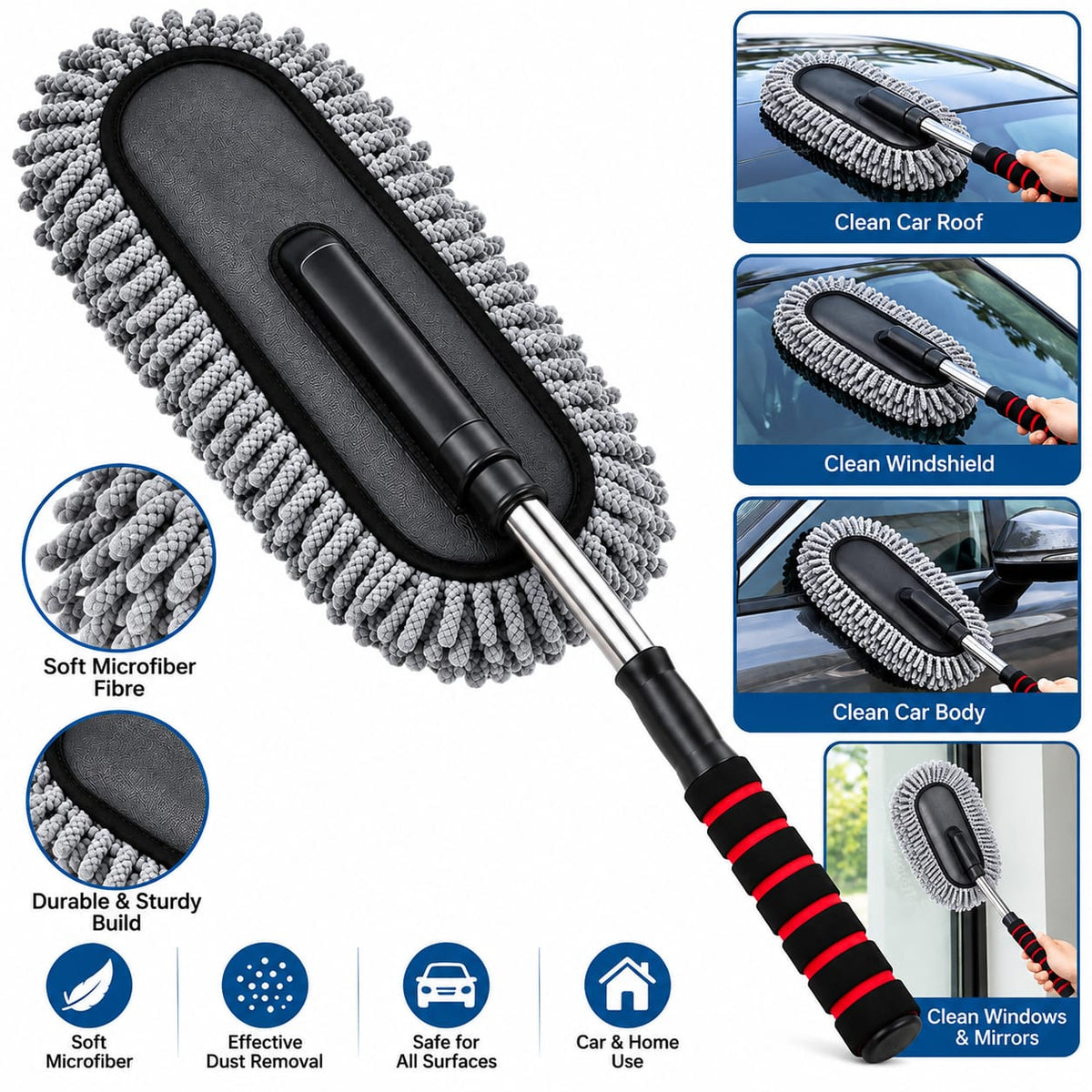 Multipurpose Microfiber Car Cleaning Brush with Long Handle – Soft Dusting & Washing Brush for Car Exterior, Windshield & Windows