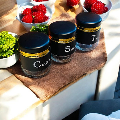CP Tea Coffee Sugar Container Set of 3 | Premium Glass Kitchen Storage Jars with Airtight Lids | Black & Gold Canister Set | Kitchen Organizer for Tea, Coffee, Sugar, Dry Fruits, Snacks & Spices |
