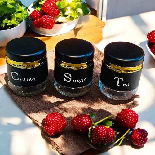 CP Tea Coffee Sugar Container Set of 3 | Premium Glass Kitchen Storage Jars with Airtight Lids | Black & Gold Canister Set | Kitchen Organizer for Tea, Coffee, Sugar, Dry Fruits, Snacks & Spices |