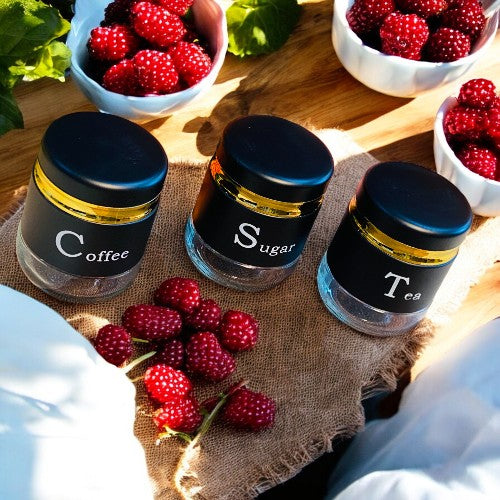 CP Tea Coffee Sugar Container Set of 3 | Premium Glass Kitchen Storage Jars with Airtight Lids | Black & Gold Canister Set | Kitchen Organizer for Tea, Coffee, Sugar, Dry Fruits, Snacks & Spices |