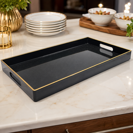 Premium Luxury Black & Gold Rectangular Serving Tray – 1 Pc | Elegant Designer Tray with Side Handles
