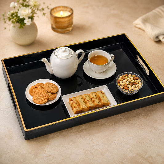 Premium Luxury Black & Gold Rectangular Serving Tray – 1 Pc | Elegant Designer Tray with Side Handles