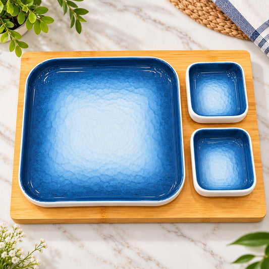 3-Piece Blue Gradient Serving Platter Set with 2 Dip Bowls