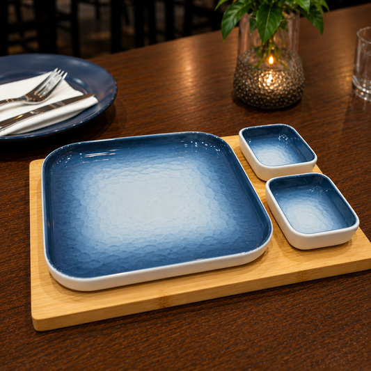 3-Piece Blue Gradient Serving Platter Set with 2 Dip Bowls