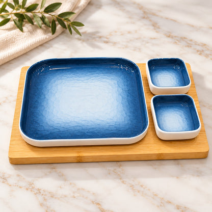 3-Piece Blue Gradient Serving Platter Set with 2 Dip Bowls