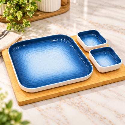 3-Piece Blue Gradient Serving Platter Set with 2 Dip Bowls
