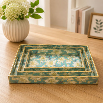 Premium Luxury Turquoise Blue Floral Serving Tray Set – 3 Pcs | Elegant Gold Border Rectangular Trays with Handles