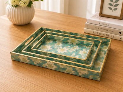 Premium Luxury Turquoise Blue Floral Serving Tray Set – 3 Pcs | Elegant Gold Border Rectangular Trays with Handles