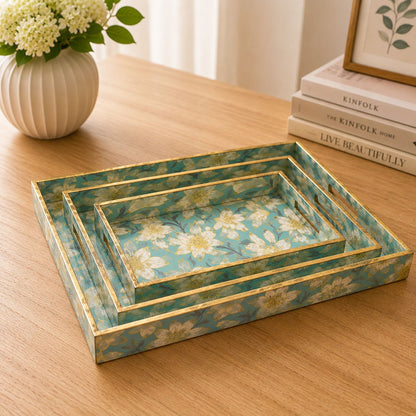 Premium Luxury Turquoise Blue Floral Serving Tray Set – 3 Pcs | Elegant Gold Border Rectangular Trays with Handles