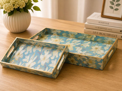 Premium Luxury Turquoise Blue Floral Serving Tray Set – 3 Pcs | Elegant Gold Border Rectangular Trays with Handles