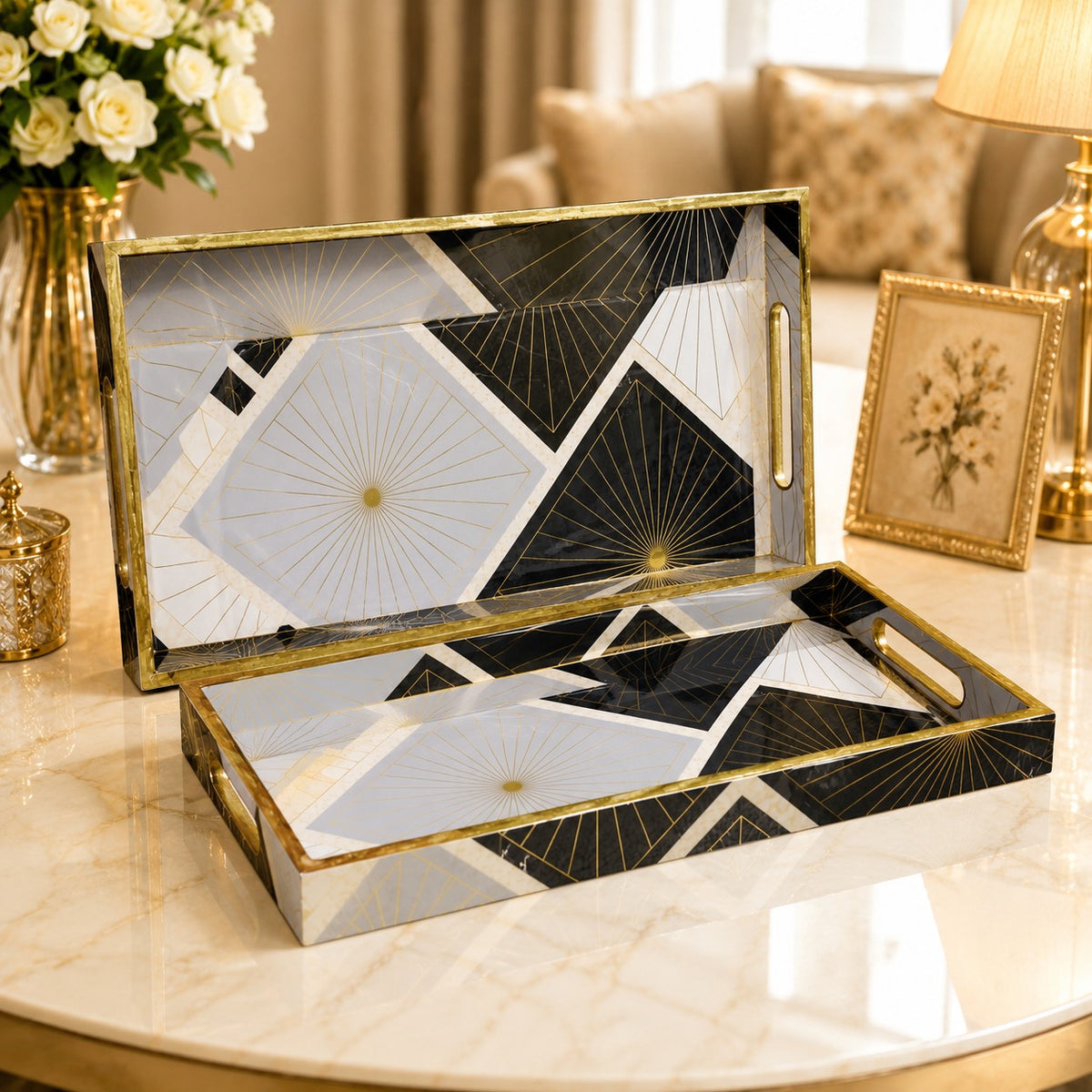 Premium Luxury Black, White & Gold Geometric Serving Tray Set – 3 Pcs | Elegant Rectangular Designer Trays with Handles