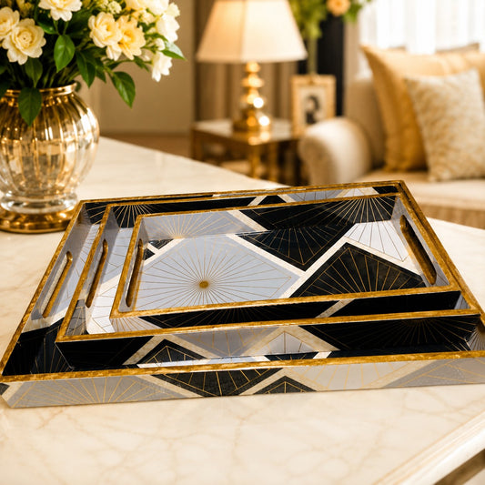Premium Luxury Black, White & Gold Geometric Serving Tray Set – 3 Pcs | Elegant Rectangular Designer Trays with Handles