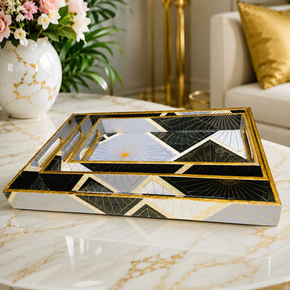 Premium Luxury Black, White & Gold Geometric Serving Tray Set – 3 Pcs | Elegant Rectangular Designer Trays with Handles