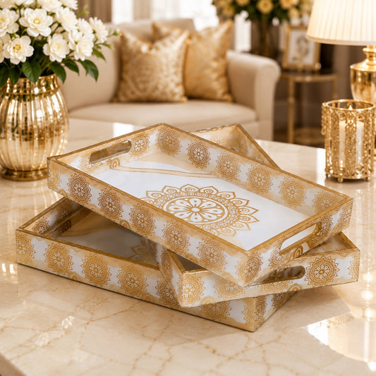 Premium Luxury White & Gold Mandala Serving Tray Set – 3 Pcs | Elegant Rectangular Designer Trays with Golden Floral Pattern & Handles