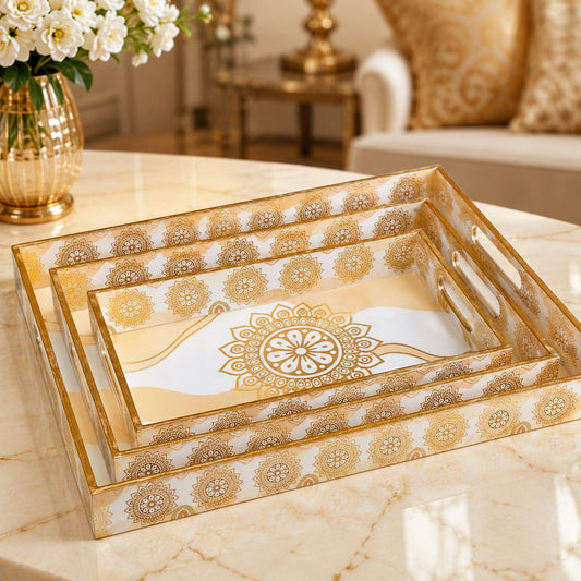 Premium Luxury White & Gold Mandala Serving Tray Set – 3 Pcs | Elegant Rectangular Designer Trays with Golden Floral Pattern & Handles