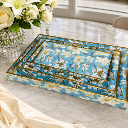Premium Luxury Turquoise Blue Floral Serving Tray Set – 3 Pcs | Elegant Gold Border Rectangular Trays with Side Handles