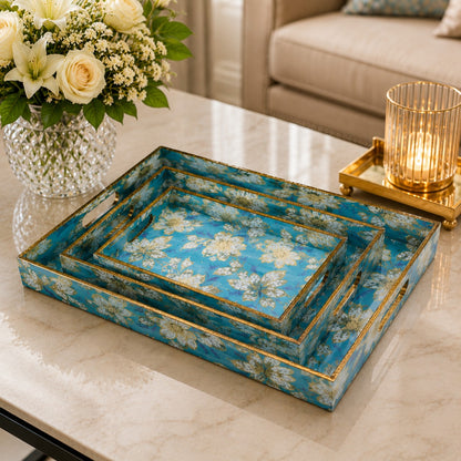 Premium Luxury Turquoise Blue Floral Serving Tray Set – 3 Pcs | Elegant Gold Border Rectangular Trays with Side Handles