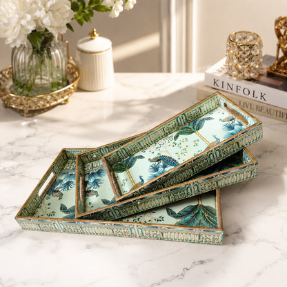 Premium Luxury Turquoise Blue Peacock Print Serving Tray Set – 3 Pcs | Elegant Tropical Designer Trays with Gold Borders & Handles