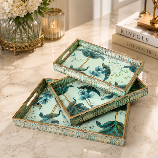Premium Luxury Turquoise Blue Peacock Print Serving Tray Set – 3 Pcs | Elegant Tropical Designer Trays with Gold Borders & Handles