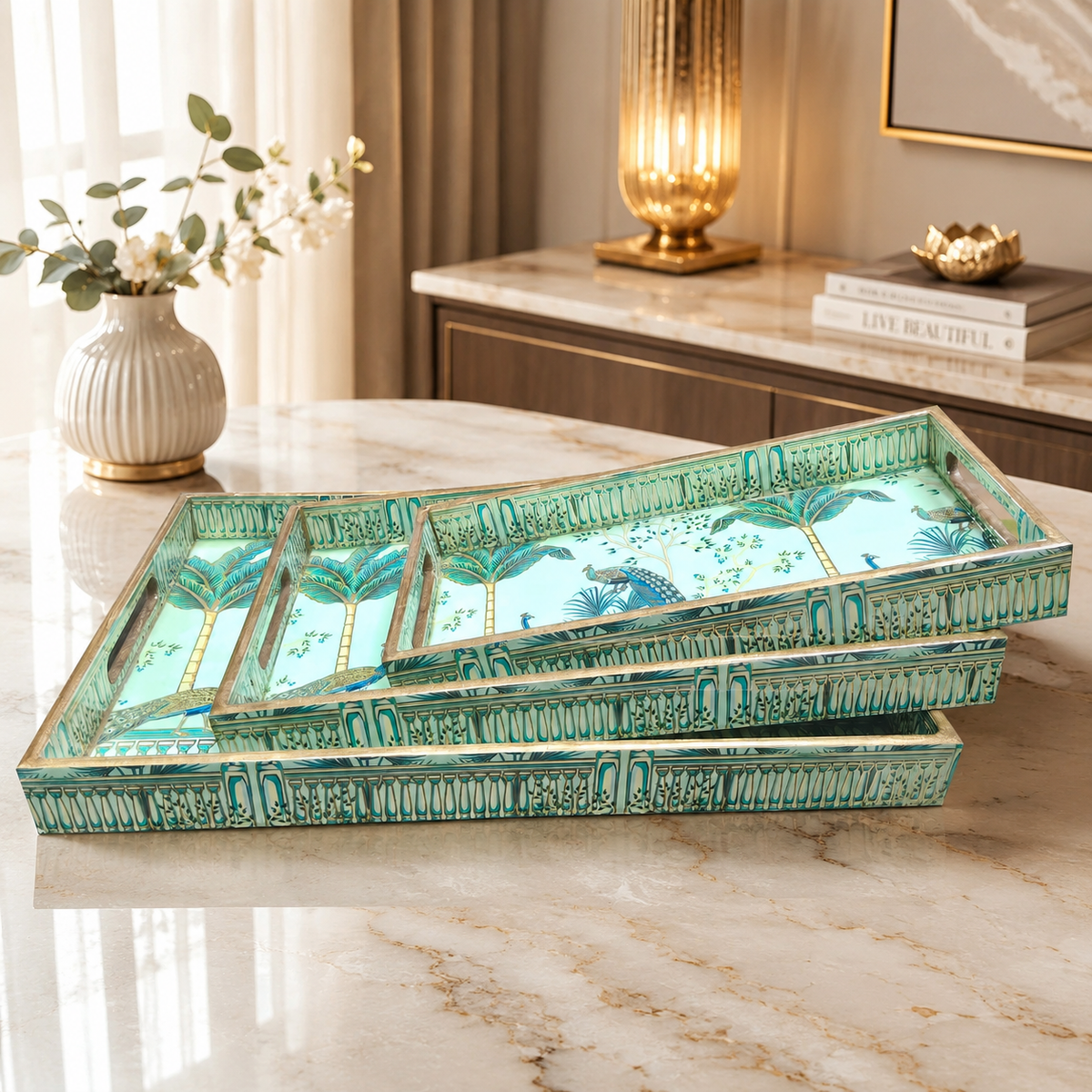 Premium Luxury Turquoise Blue Peacock Print Serving Tray Set – 3 Pcs | Elegant Tropical Designer Trays with Gold Borders & Handles