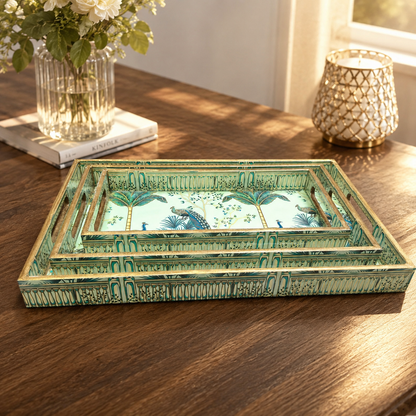 Premium Luxury Turquoise Blue Peacock Print Serving Tray Set – 3 Pcs | Elegant Tropical Designer Trays with Gold Borders & Handles