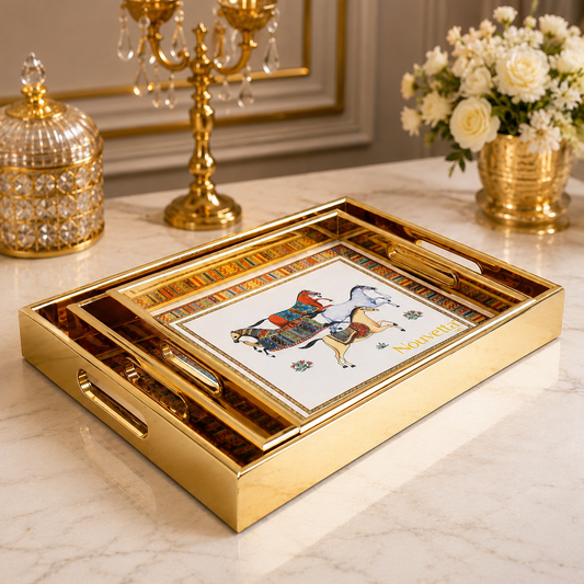 Premium Luxury Golden Rajasthani Horse Print Serving Tray Set – 3 Pcs | Royal Decorative Rectangular Trays with Handles