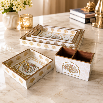 Premium Luxury White & Gold Tree of Life Serving Tray & Organizer Set – 5 Pcs | Decorative Trays with Cutlery Holder