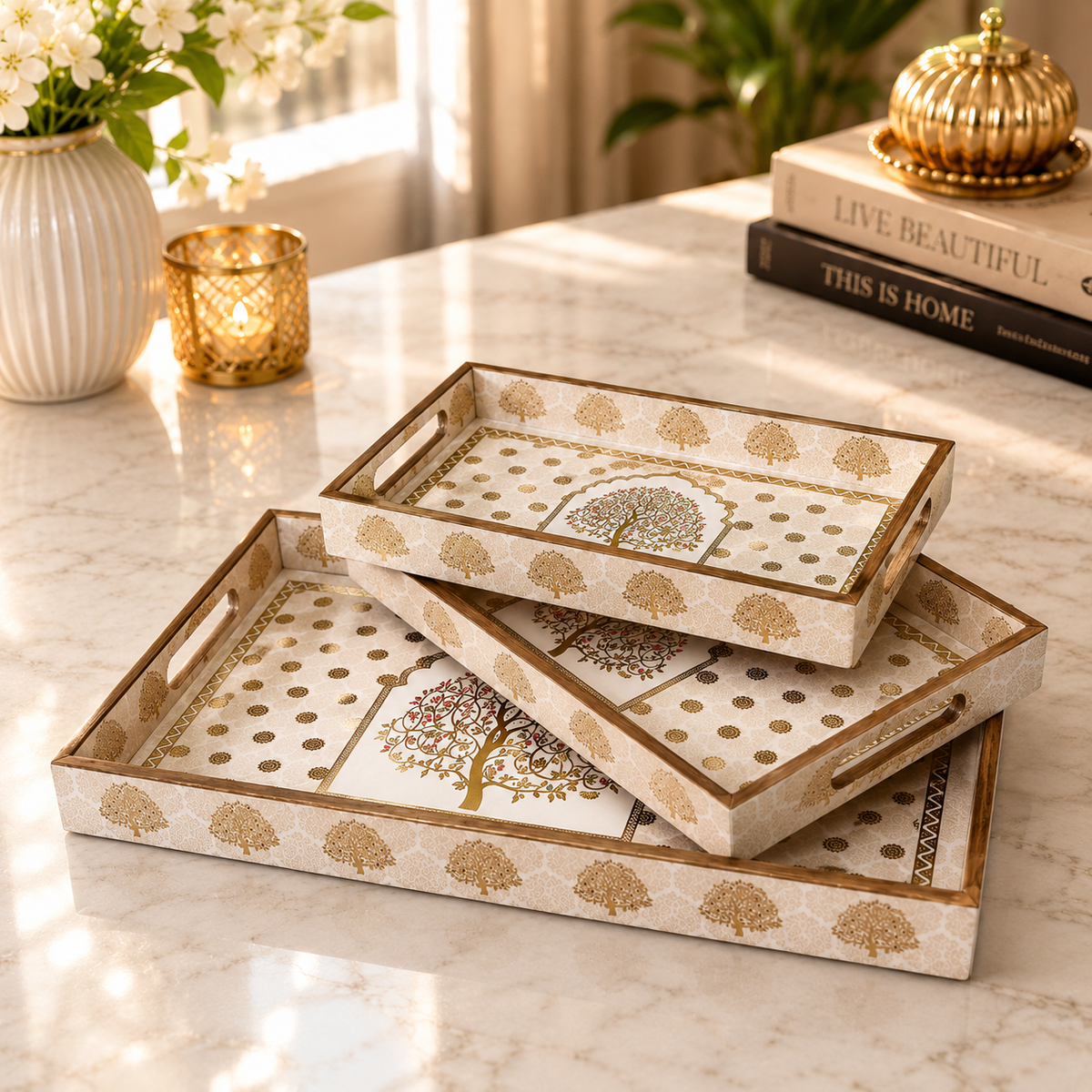 Premium Luxury White & Gold Tree of Life Serving Tray & Organizer Set – 5 Pcs | Decorative Trays with Cutlery Holder