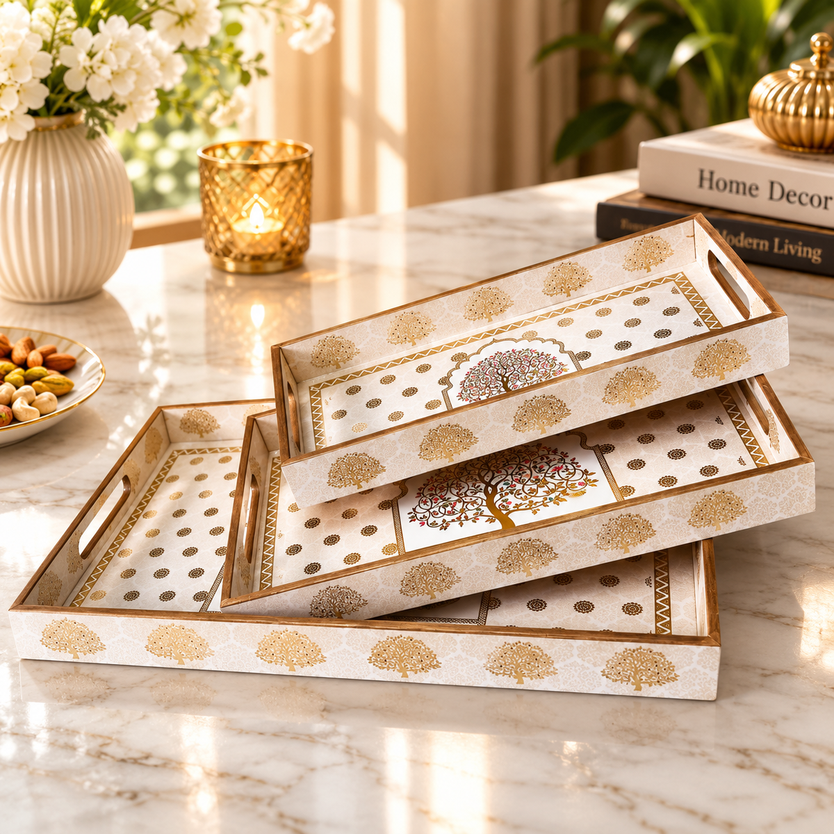 Premium Luxury White & Gold Tree of Life Serving Tray & Organizer Set – 5 Pcs | Decorative Trays with Cutlery Holder