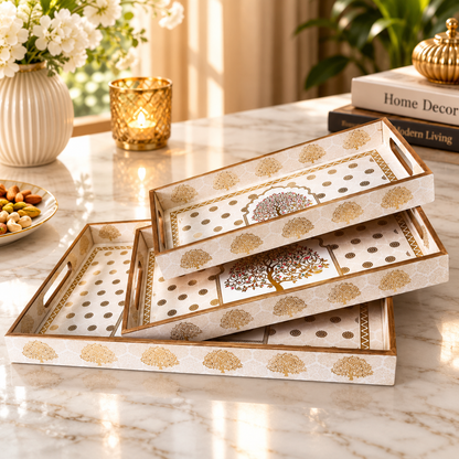 Premium Luxury White & Gold Tree of Life Serving Tray & Organizer Set – 5 Pcs | Decorative Trays with Cutlery Holder