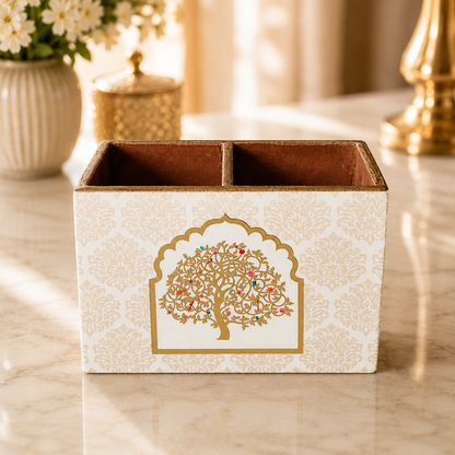 Premium Luxury White & Gold Tree of Life Serving Tray & Organizer Set – 5 Pcs | Decorative Trays with Cutlery Holder