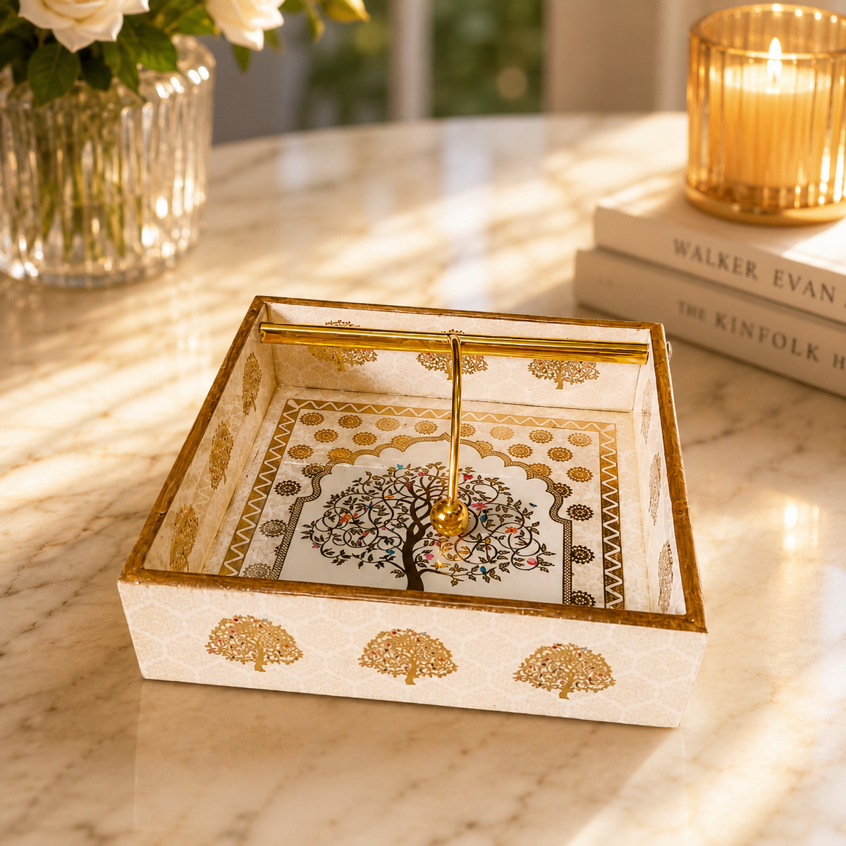 Premium Luxury White & Gold Tree of Life Serving Tray & Organizer Set – 5 Pcs | Decorative Trays with Cutlery Holder