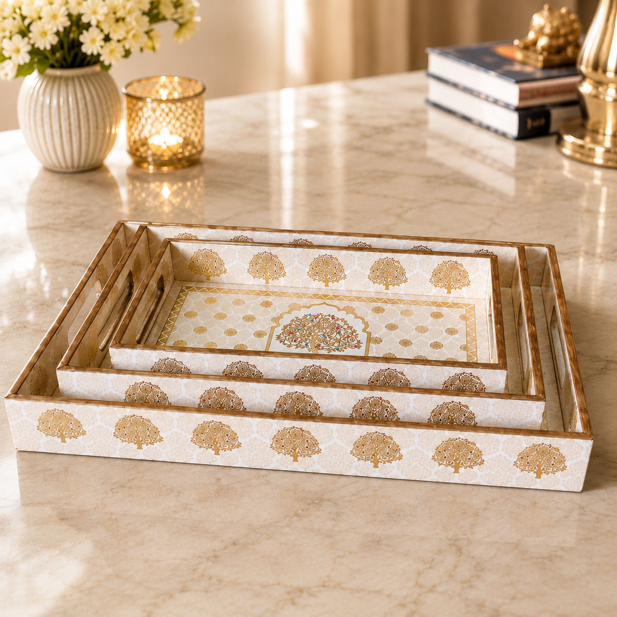 Premium Luxury White & Gold Tree of Life Serving Tray & Organizer Set – 5 Pcs | Decorative Trays with Cutlery Holder