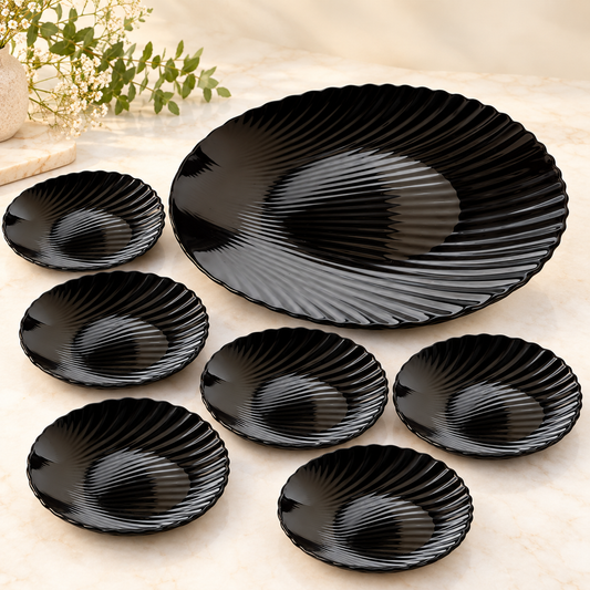 Premium 7 Pc Black Serving Platter Set | 1 Large Bowl + 6 Small Snack Bowls