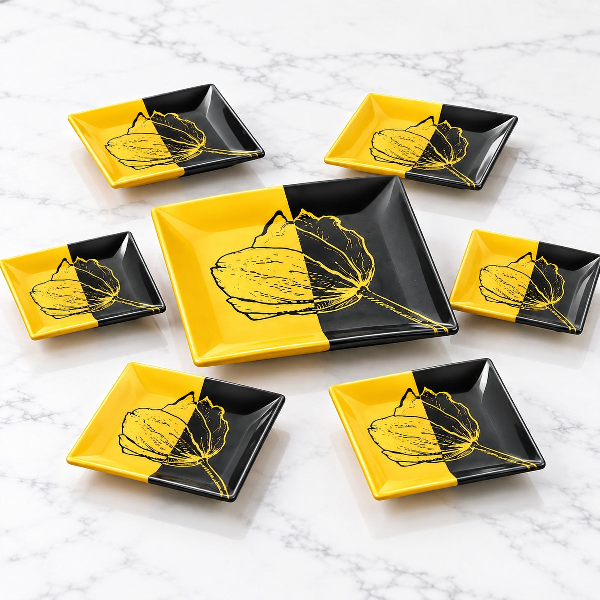 7-Piece Yellow & Black Floral Cake Serving Set – 1 Large Platter with 6 Plates