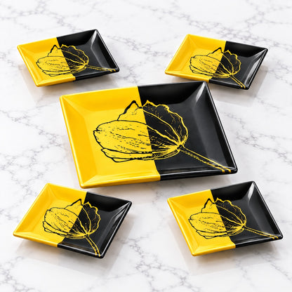 7-Piece Yellow & Black Floral Cake Serving Set – 1 Large Platter with 6 Plates