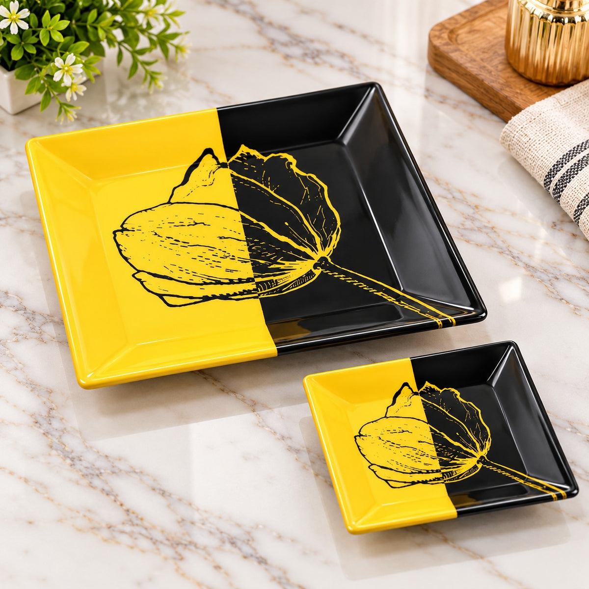 7-Piece Yellow & Black Floral Cake Serving Set – 1 Large Platter with 6 Plates