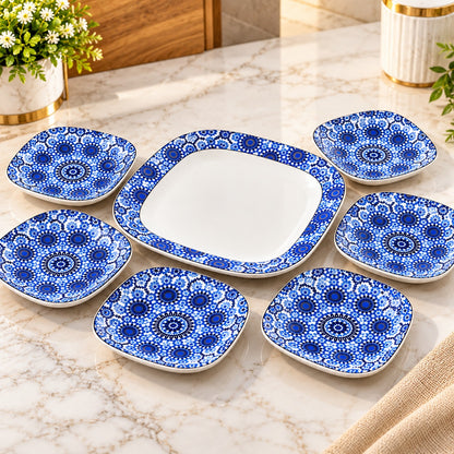 Premium 7 Pc Blue Floral Serving Platter Set | 1 Large Platter + 6 Small Snack Plates