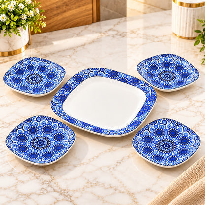 Premium 7 Pc Blue Floral Serving Platter Set | 1 Large Platter + 6 Small Snack Plates