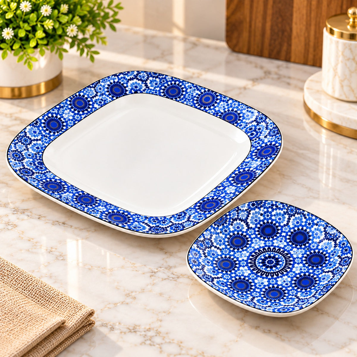 Premium 7 Pc Blue Floral Serving Platter Set | 1 Large Platter + 6 Small Snack Plates