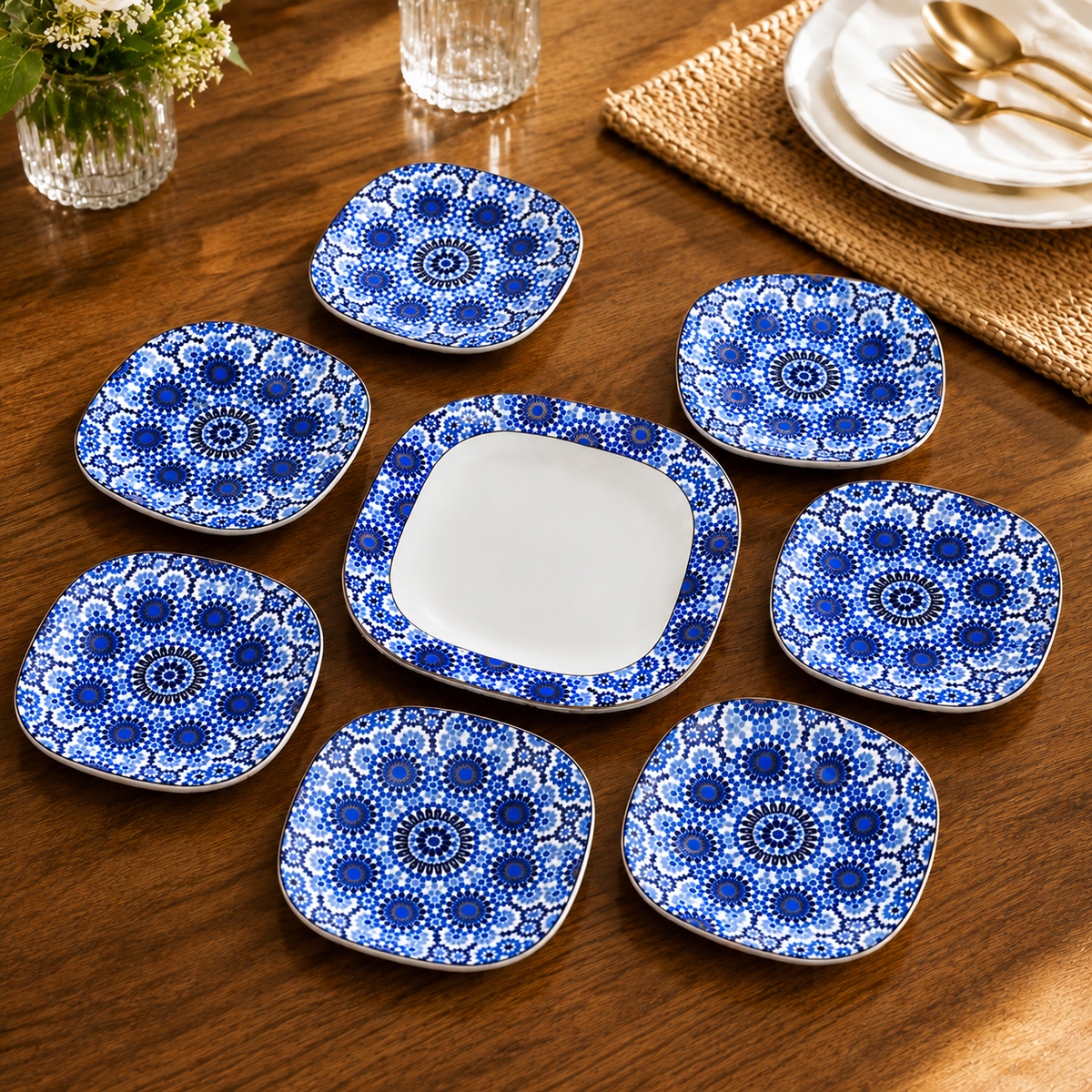 Premium 7 Pc Blue Floral Serving Platter Set | 1 Large Platter + 6 Small Snack Plates