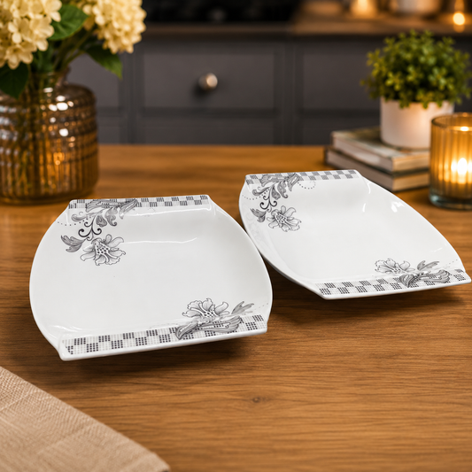 Premium Bone China 2 Pc White Floral Serving platter Set | Elegant Snack & Side Dish Server