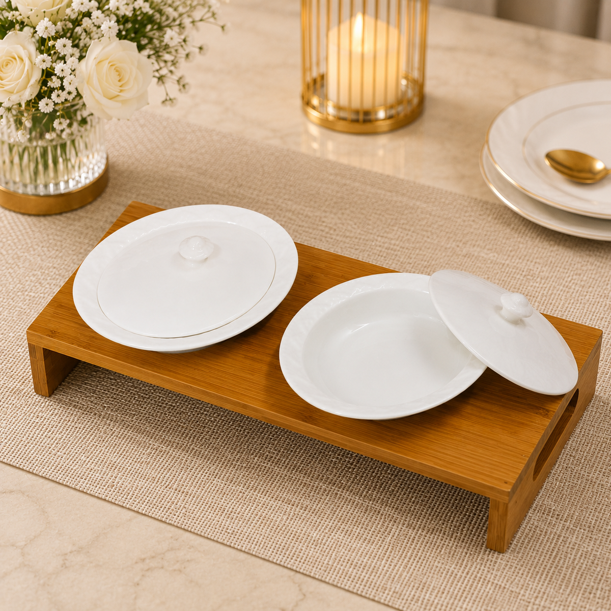 Bone china bowl with wooden tray. set of 2