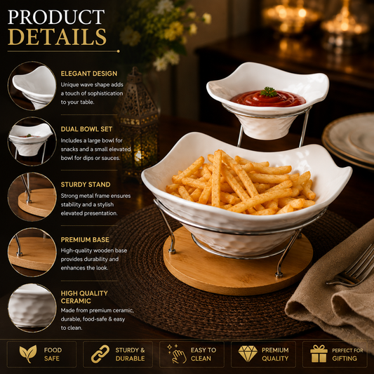 Premium 2 Pc White Serving Bowl Set with Metal Stand | Elegant Table Server Set