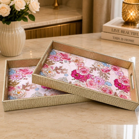 Premium Golden Floral Designer Serving Tray Set – 2 Pieces | Luxury Rectangular Trays with Pink Rose Print & Side Handles