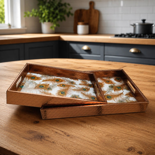 Premium Peacock Feather Designer Serving Tray Set – 2 Pieces | Elegant Brown Rectangular Trays with Side Handles