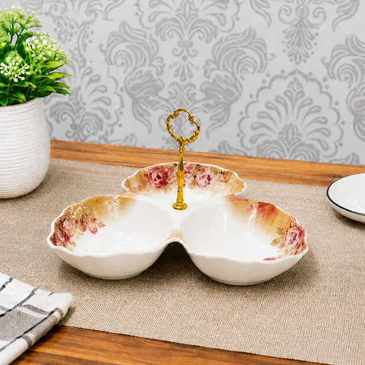 English Tea Serving 3-Partition Floral Serving Platter with Golden Handle | Elegant Server