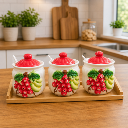 3-Piece Ceramic Pickle Jar Set with Lids, Spoons & Wooden Tray